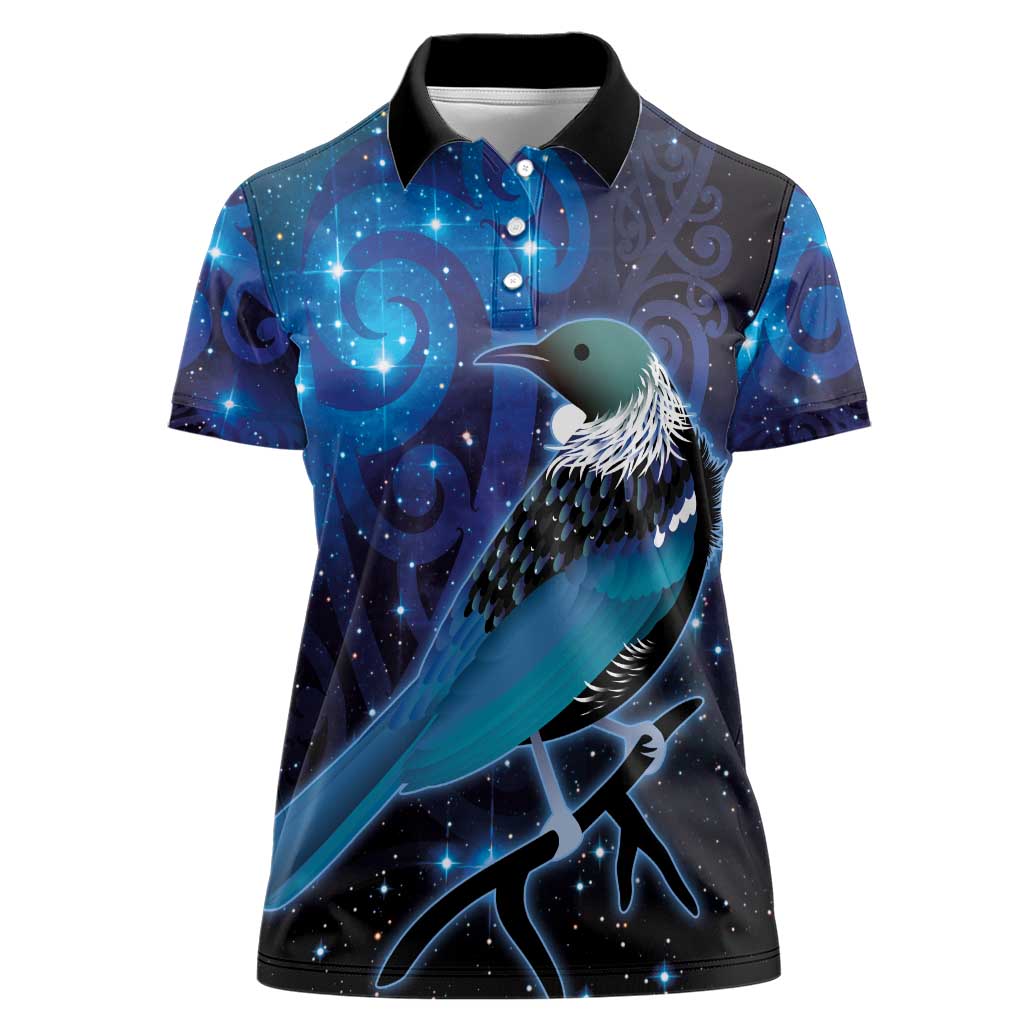 New Zealand Tui Bird Women Polo Shirt The Pleiades Star Cluster and Koru Tribal Tattoo Galaxy Vibe LT03 Female Blue - Polynesian Pride