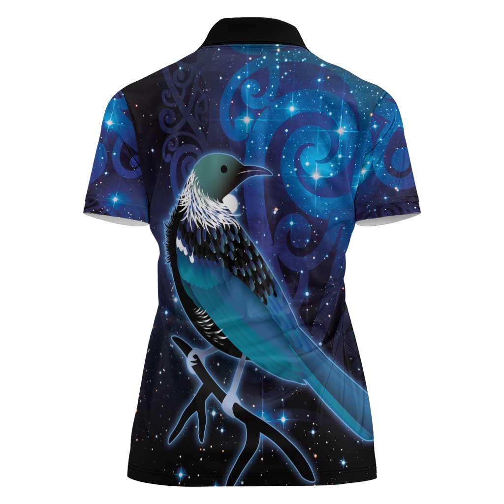 New Zealand Tui Bird Women Polo Shirt The Pleiades Star Cluster and Koru Tribal Tattoo Galaxy Vibe LT03 - Polynesian Pride