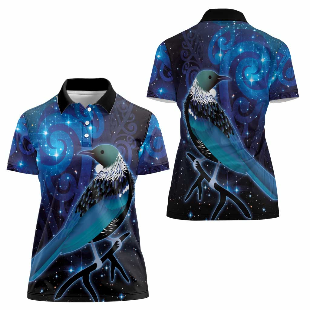 New Zealand Tui Bird Women Polo Shirt The Pleiades Star Cluster and Koru Tribal Tattoo Galaxy Vibe LT03 - Polynesian Pride