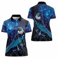 New Zealand Tui Bird Women Polo Shirt The Pleiades Star Cluster and Koru Tribal Tattoo Galaxy Vibe LT03 - Polynesian Pride