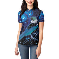 New Zealand Tui Bird Women Polo Shirt The Pleiades Star Cluster and Koru Tribal Tattoo Galaxy Vibe LT03 - Polynesian Pride