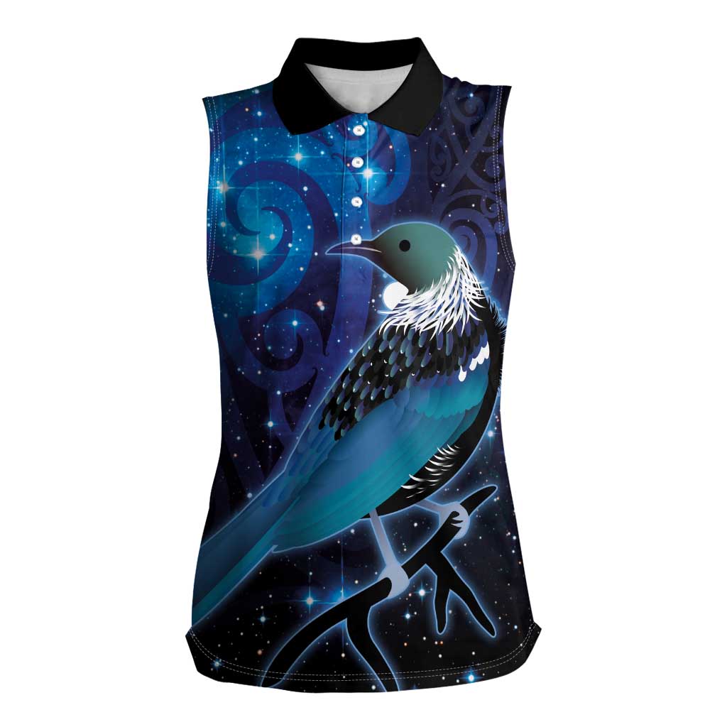 New Zealand Tui Bird Women Sleeveless Polo Shirt The Pleiades Star Cluster and Koru Tribal Tattoo Galaxy Vibe LT03 Female Blue - Polynesian Pride