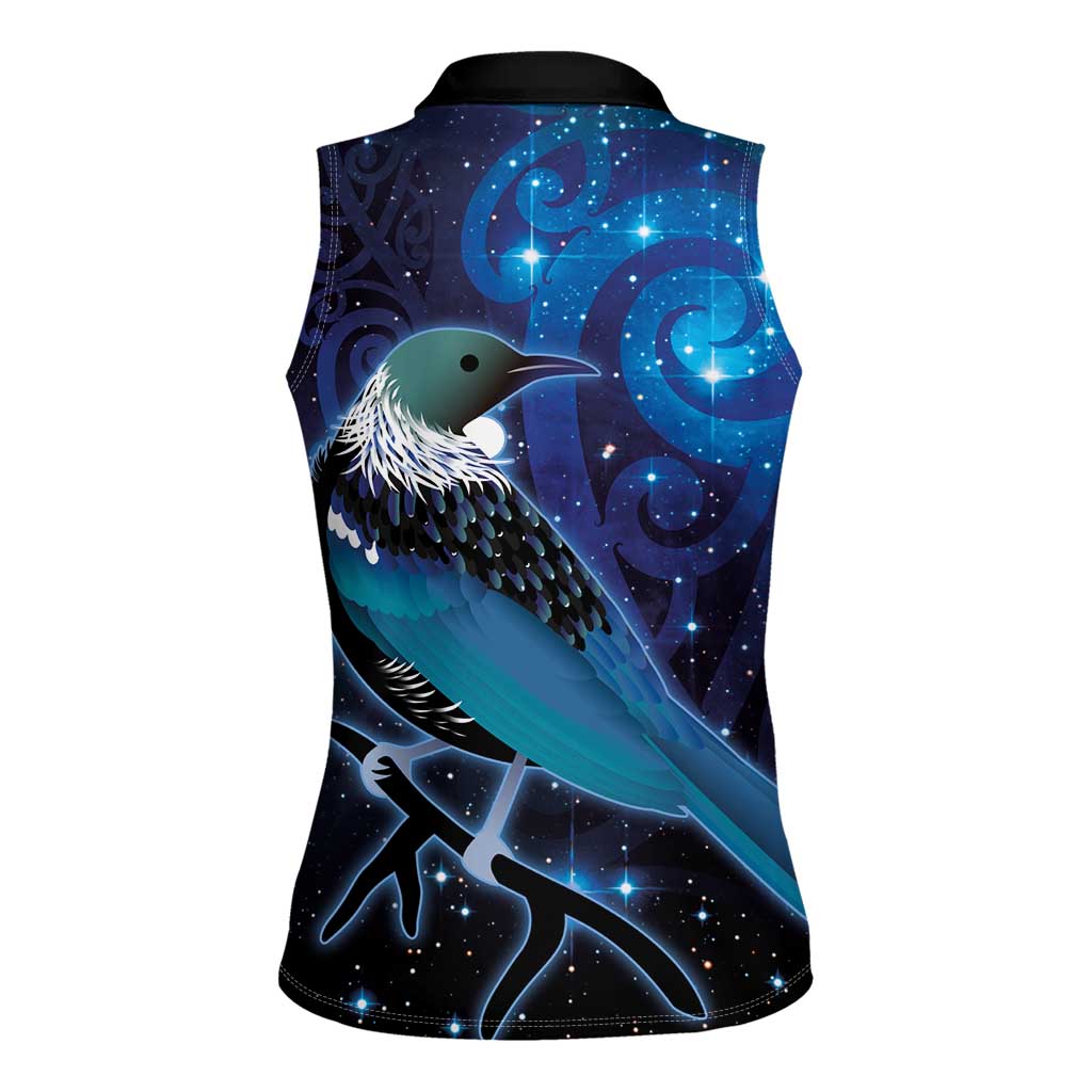 New Zealand Tui Bird Women Sleeveless Polo Shirt The Pleiades Star Cluster and Koru Tribal Tattoo Galaxy Vibe LT03 - Polynesian Pride