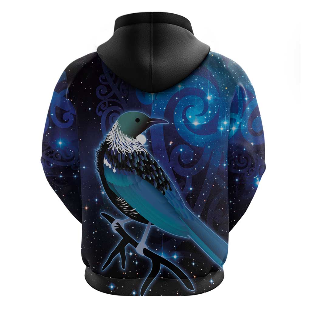 New Zealand Tui Bird Zip Hoodie The Pleiades Star Cluster and Koru Tribal Tattoo Galaxy Vibe