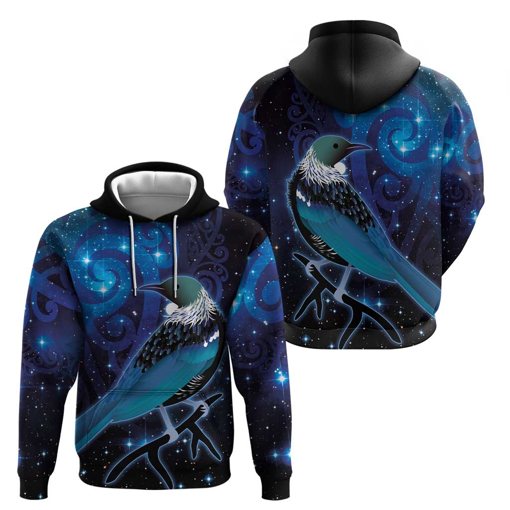 New Zealand Tui Bird Zip Hoodie The Pleiades Star Cluster and Koru Tribal Tattoo Galaxy Vibe
