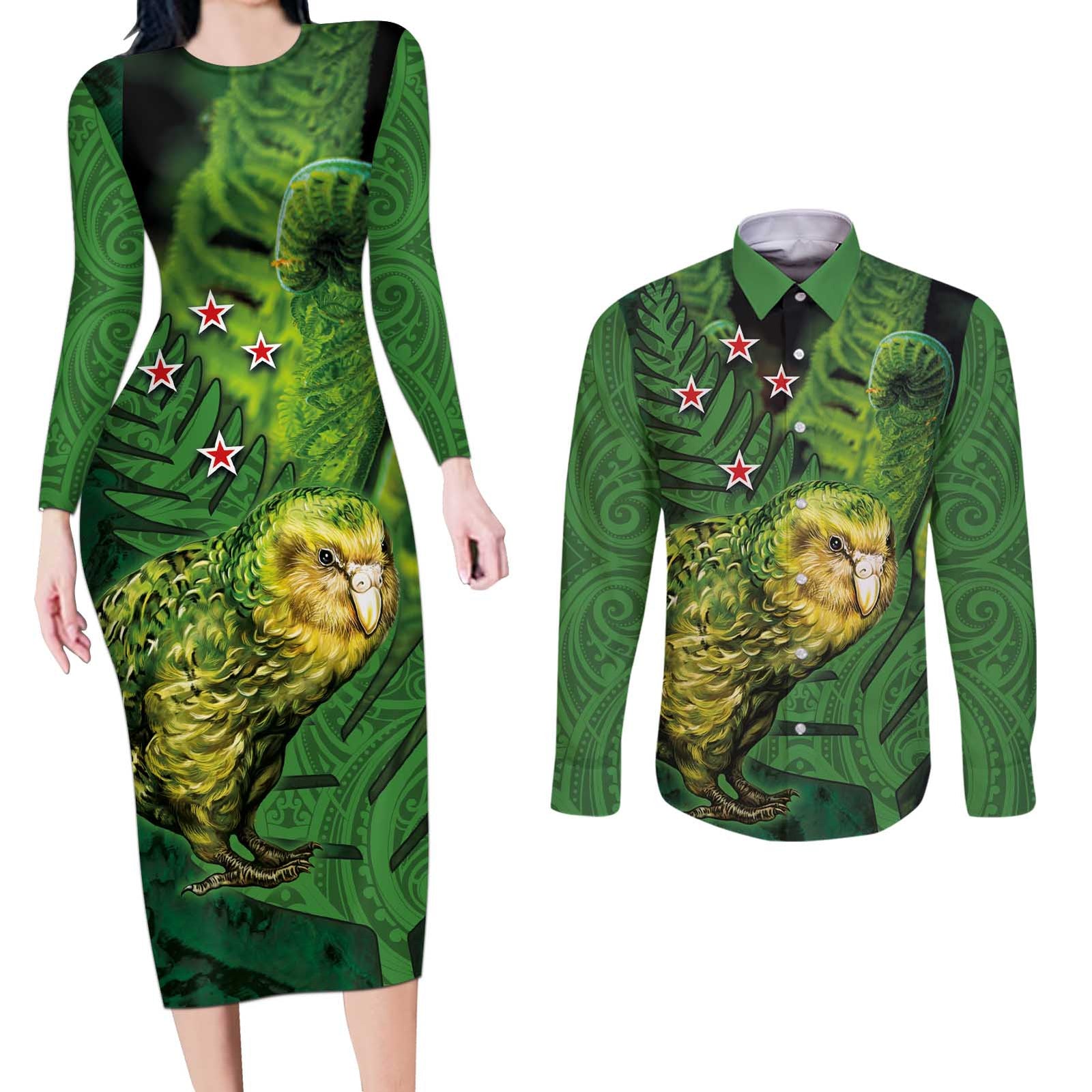 New Zealand Kkp Couples Matching Long Sleeve Bodycon Dress and Long Sleeve Button Shirt Silver Fern with Close up of Green Fern Leaves and Maori Tattoo LT03 Green - Polynesian Pride
