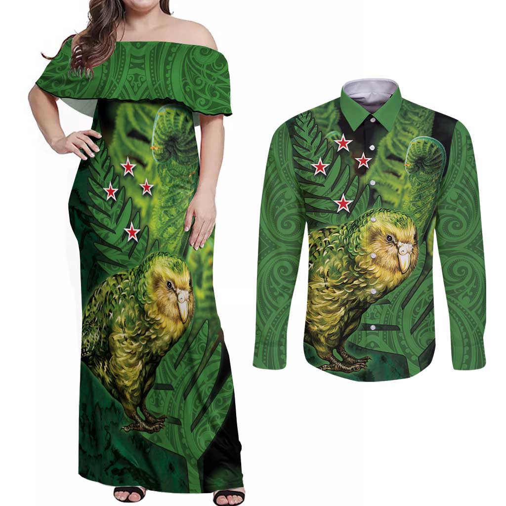 New Zealand Kkp Couples Matching Off Shoulder Maxi Dress and Long Sleeve Button Shirt Silver Fern with Close up of Green Fern Leaves and Maori Tattoo LT03 Green - Polynesian Pride