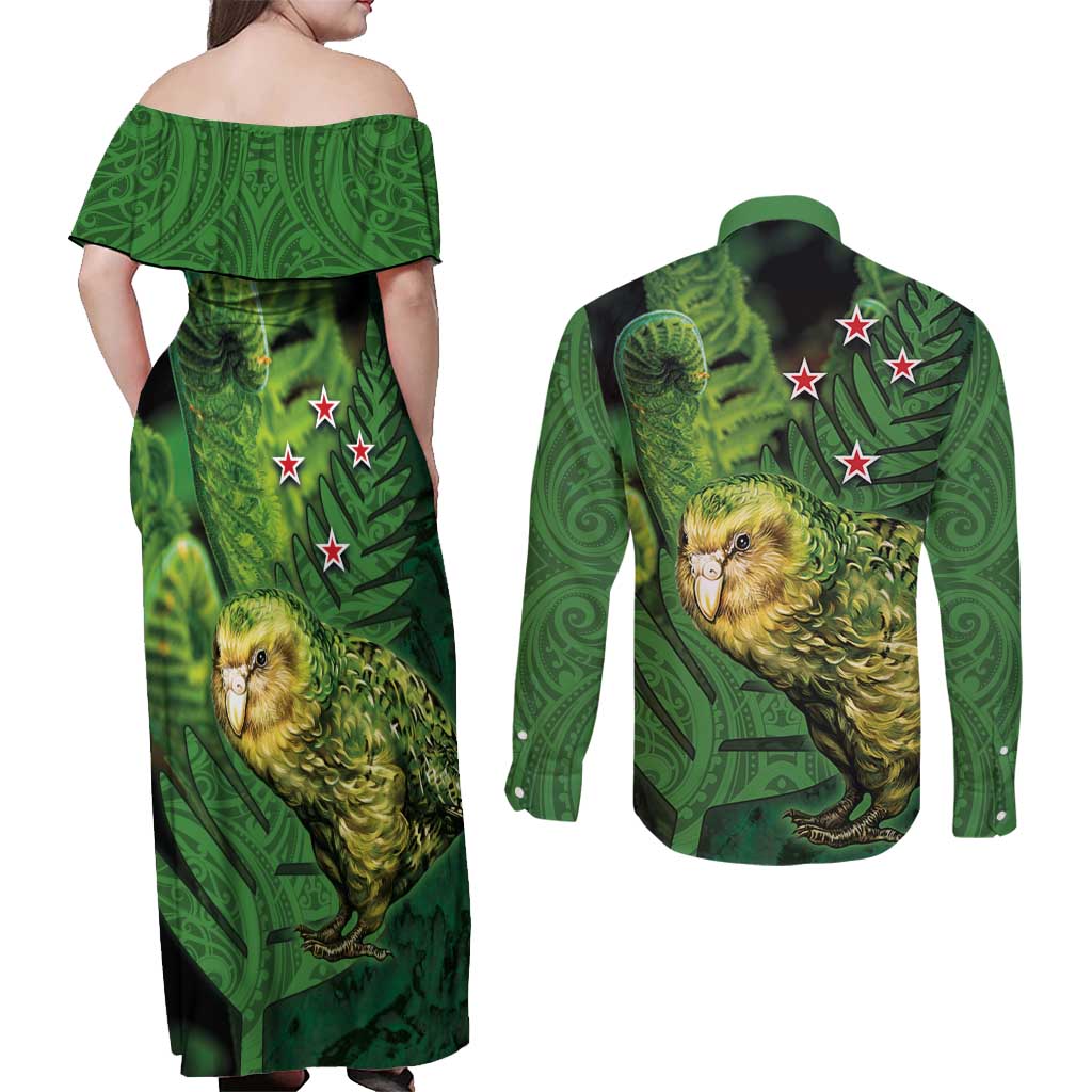 New Zealand Kkp Couples Matching Off Shoulder Maxi Dress and Long Sleeve Button Shirt Silver Fern with Close up of Green Fern Leaves and Maori Tattoo LT03 - Polynesian Pride