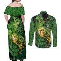 New Zealand Kkp Couples Matching Off Shoulder Maxi Dress and Long Sleeve Button Shirt Silver Fern with Close up of Green Fern Leaves and Maori Tattoo LT03 - Polynesian Pride