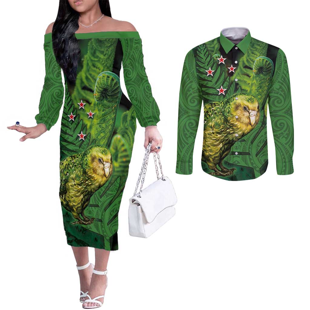 New Zealand Kkp Couples Matching Off The Shoulder Long Sleeve Dress and Long Sleeve Button Shirt Silver Fern with Close up of Green Fern Leaves and Maori Tattoo LT03 Green - Polynesian Pride