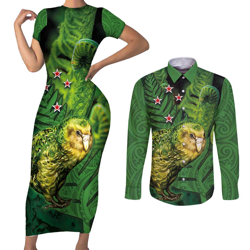 New Zealand Kkp Couples Matching Short Sleeve Bodycon Dress and Long Sleeve Button Shirt Silver Fern with Close up of Green Fern Leaves and Maori Tattoo LT03 Green - Polynesian Pride