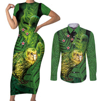 New Zealand Kkp Couples Matching Short Sleeve Bodycon Dress and Long Sleeve Button Shirt Silver Fern with Close up of Green Fern Leaves and Maori Tattoo LT03 Green - Polynesian Pride