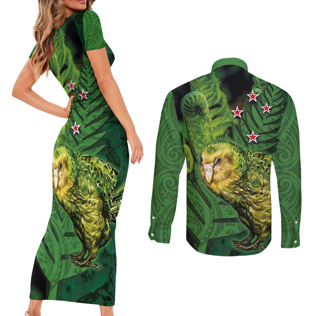 New Zealand Kkp Couples Matching Short Sleeve Bodycon Dress and Long Sleeve Button Shirt Silver Fern with Close up of Green Fern Leaves and Maori Tattoo LT03 - Polynesian Pride