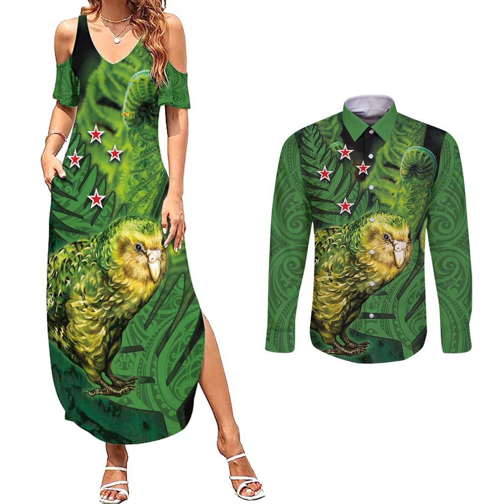 New Zealand Kkp Couples Matching Summer Maxi Dress and Long Sleeve Button Shirt Silver Fern with Close up of Green Fern Leaves and Maori Tattoo LT03 Green - Polynesian Pride