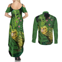 New Zealand Kkp Couples Matching Summer Maxi Dress and Long Sleeve Button Shirt Silver Fern with Close up of Green Fern Leaves and Maori Tattoo LT03 - Polynesian Pride