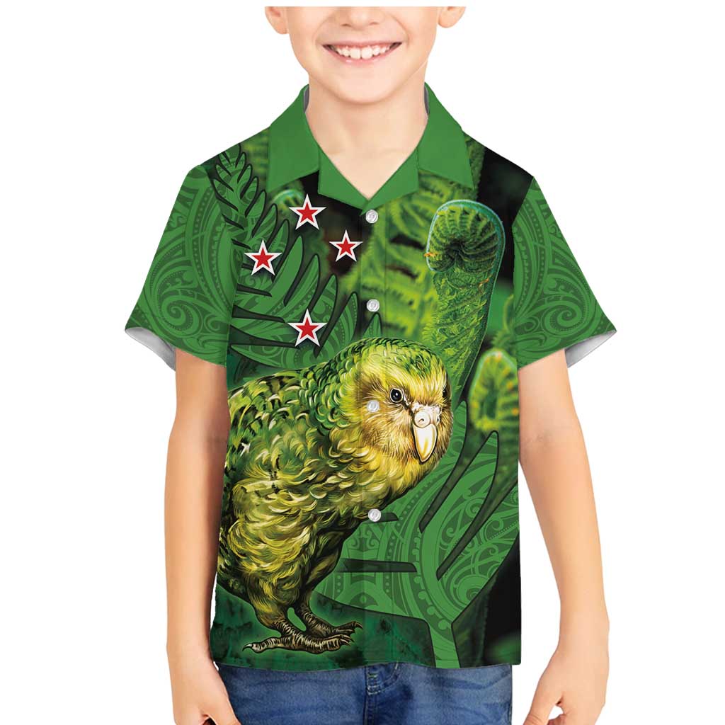 New Zealand Kākāpō Family Matching Mermaid Dress and Hawaiian Shirt Silver Fern with Close up of Green Fern Leaves and Maori Tattoo