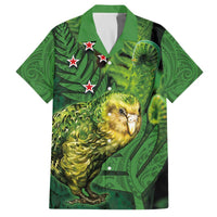 New Zealand Kākāpō Family Matching Off Shoulder Short Dress and Hawaiian Shirt Silver Fern with Close up of Green Fern Leaves and Maori Tattoo