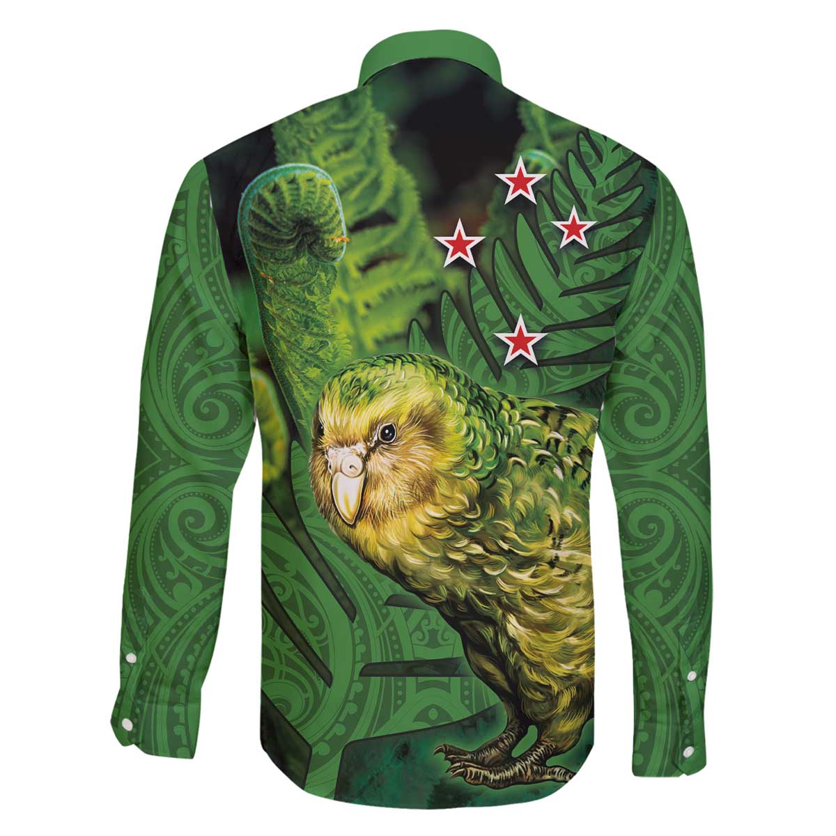 New Zealand Kākāpō Family Matching Off Shoulder Short Dress and Hawaiian Shirt Silver Fern with Close up of Green Fern Leaves and Maori Tattoo