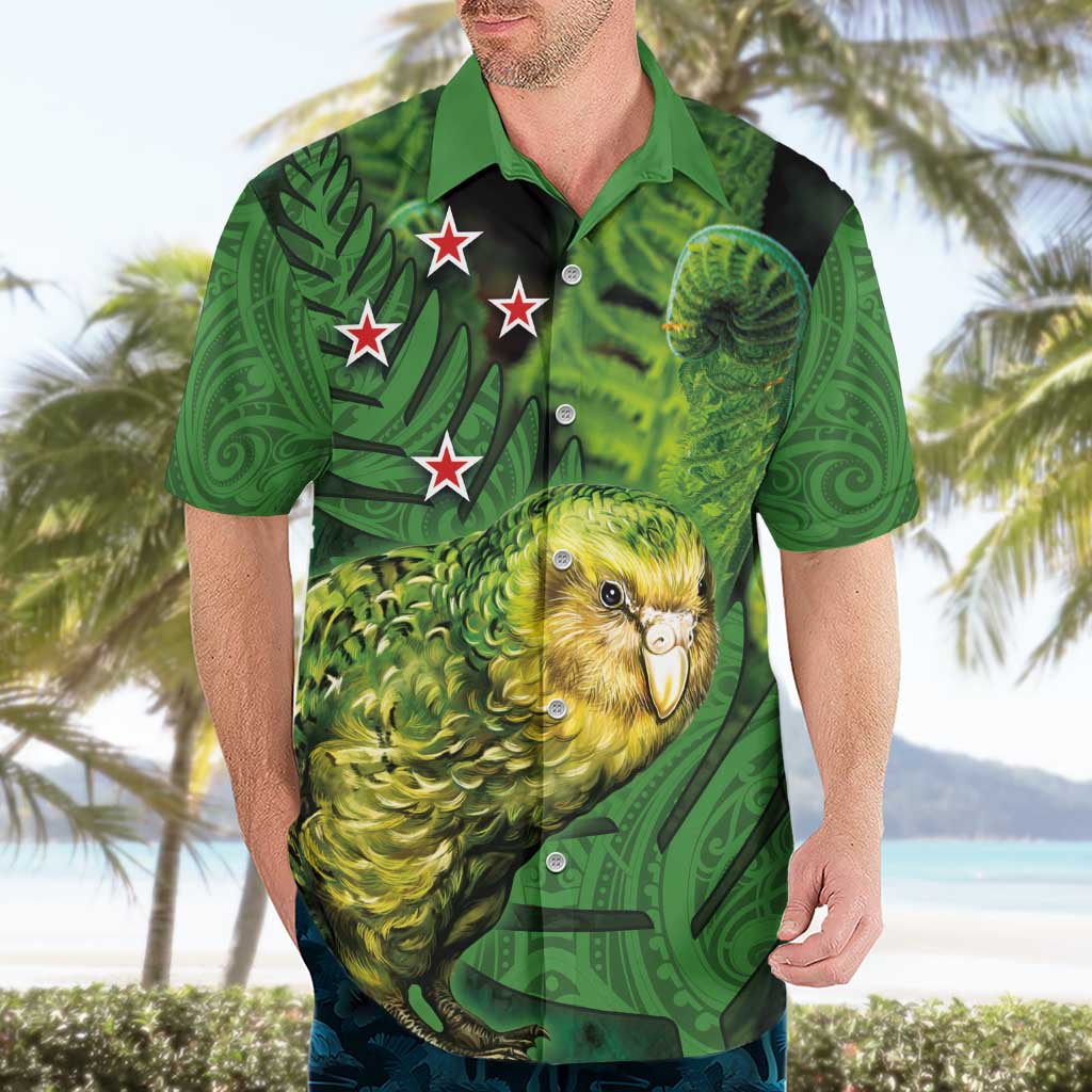 New Zealand Kākāpō Hawaiian Shirt Silver Fern with Close up of Green Fern Leaves and Maori Tattoo