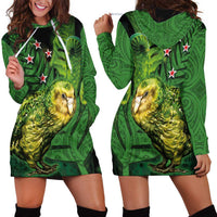 New Zealand Kākāpō Hoodie Dress Silver Fern with Close up of Green Fern Leaves and Maori Tattoo