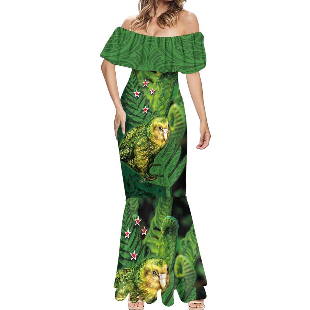 New Zealand Kākāpō Mermaid Dress Silver Fern with Close up of Green Fern Leaves and Maori Tattoo