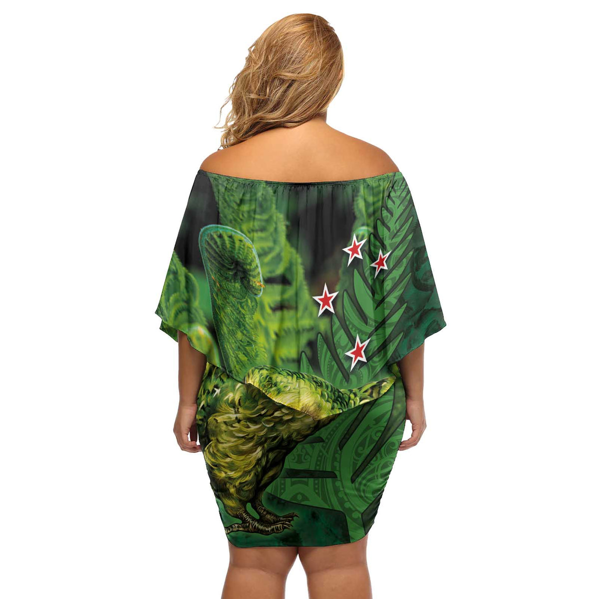 New Zealand Kkp Off Shoulder Short Dress Silver Fern with Close up of Green Fern Leaves and Maori Tattoo LT03 - Polynesian Pride