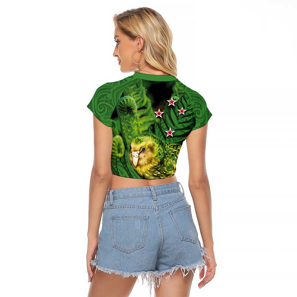 New Zealand Kkp Raglan Cropped T Shirt Silver Fern with Close up of Green Fern Leaves and Maori Tattoo LT03 - Polynesian Pride