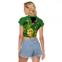 New Zealand Kkp Raglan Cropped T Shirt Silver Fern with Close up of Green Fern Leaves and Maori Tattoo LT03 - Polynesian Pride