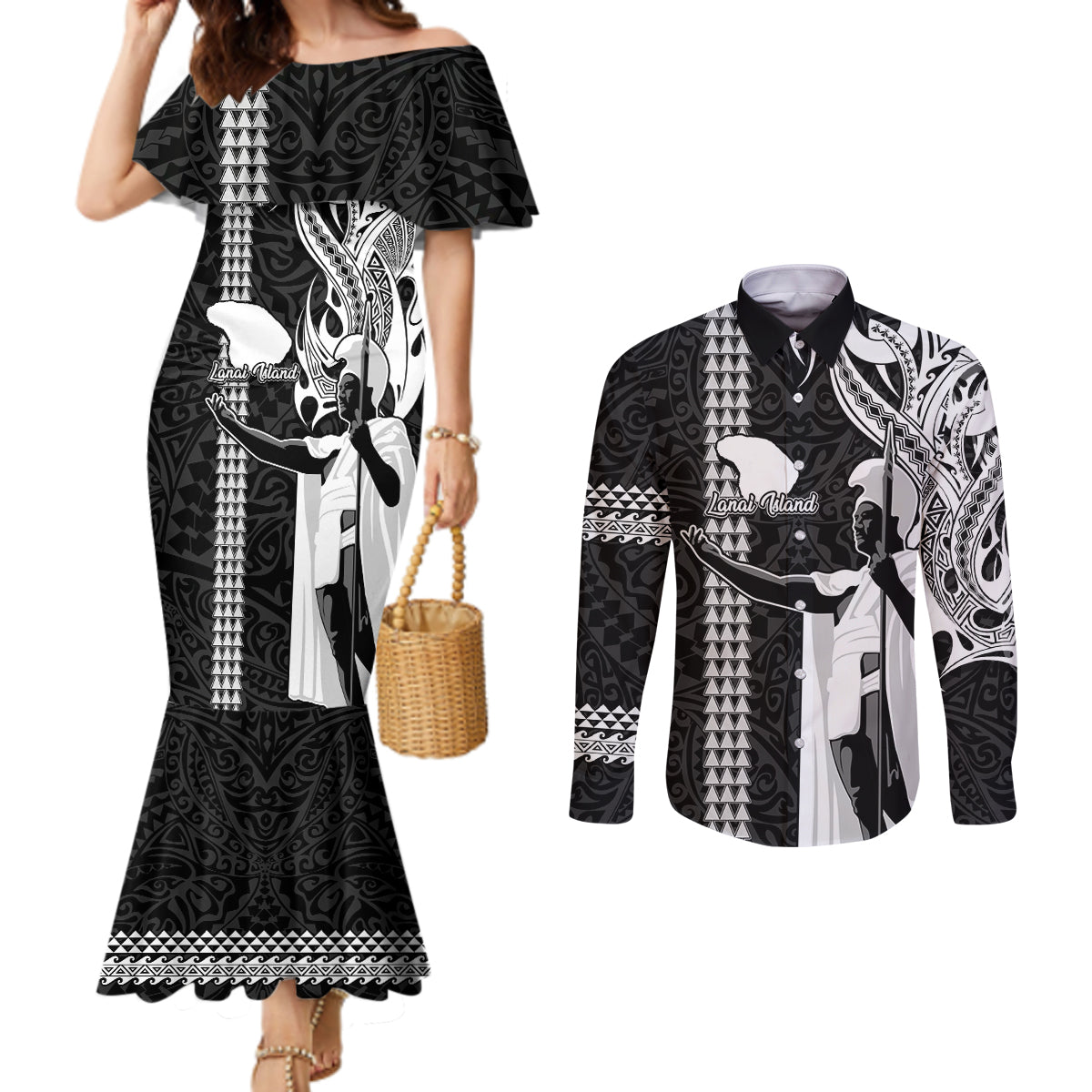 Hawaii Lanai Island Couples Matching Mermaid Dress and Long Sleeve Button Shirts Hawaiian King and Kakau Symbols Abstract Shoulder Tattoo LT03 Black - Polynesian Pride
