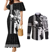 Hawaii Lanai Island Couples Matching Mermaid Dress and Long Sleeve Button Shirts Hawaiian King and Kakau Symbols Abstract Shoulder Tattoo LT03 Black - Polynesian Pride