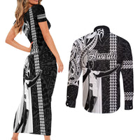 Hawaii Lanai Island Couples Matching Short Sleeve Bodycon Dress and Long Sleeve Button Shirts Hawaiian King and Kakau Symbols Abstract Shoulder Tattoo LT03 - Polynesian Pride