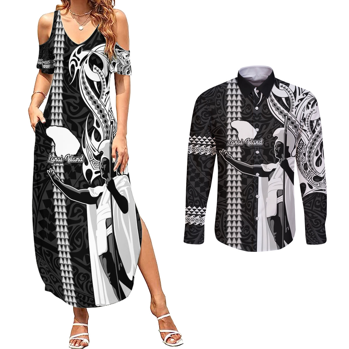 Hawaii Lanai Island Couples Matching Summer Maxi Dress and Long Sleeve Button Shirts Hawaiian King and Kakau Symbols Abstract Shoulder Tattoo LT03 Black - Polynesian Pride
