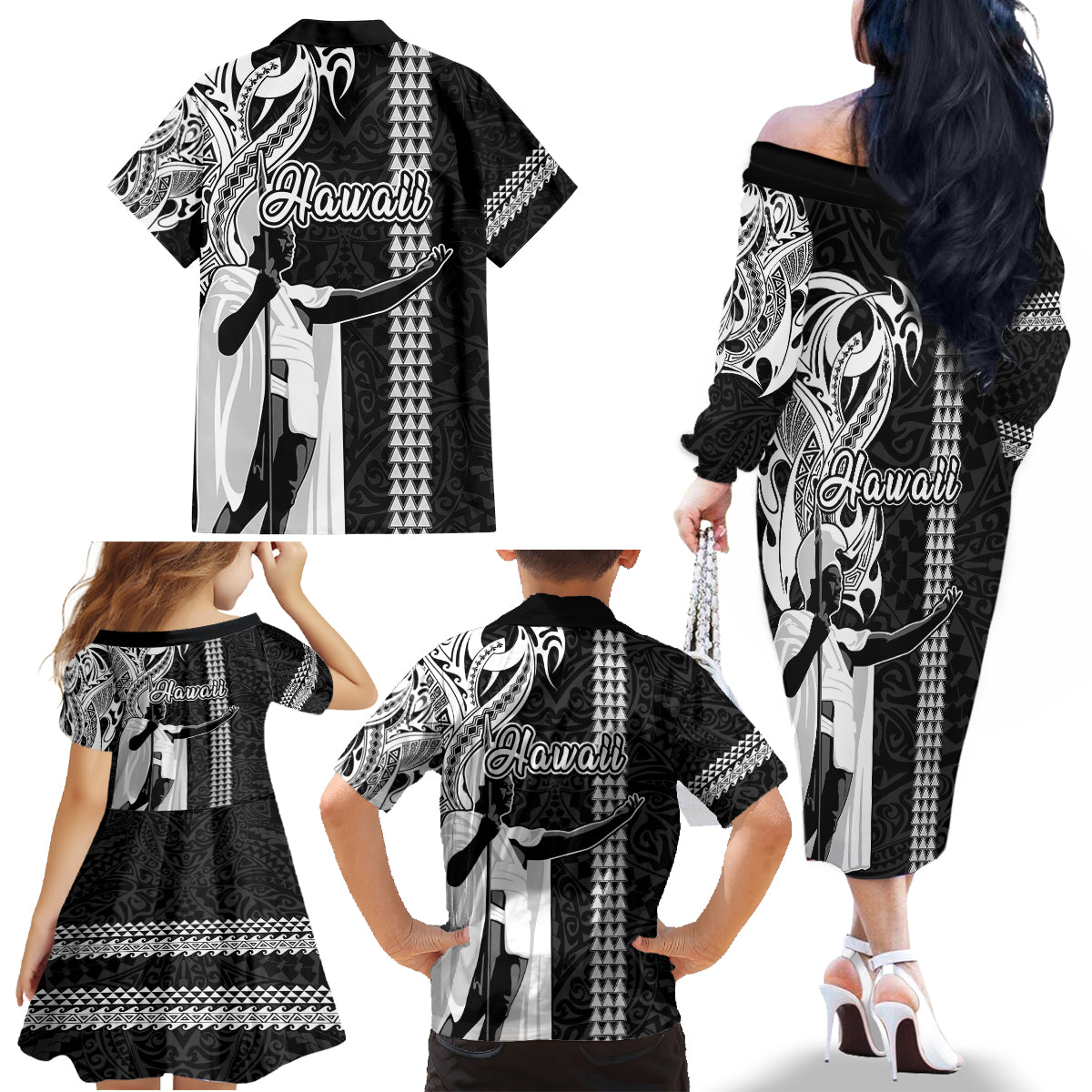 Hawaii Lanai Island Family Matching Off Shoulder Long Sleeve Dress and Hawaiian Shirt Hawaiian King and Kakau Symbols Abstract Shoulder Tattoo LT03 - Polynesian Pride