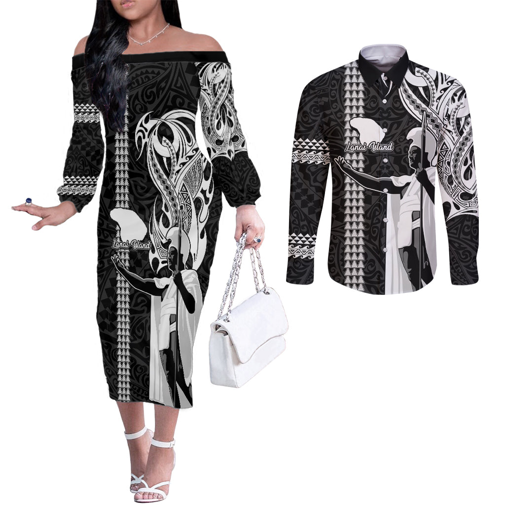 Custom Hawaii Lanai Island Couples Matching Off The Shoulder Long Sleeve Dress and Long Sleeve Button Shirts Hawaiian King and Kakau Symbols Abstract Shoulder Tattoo LT03 Black - Polynesian Pride