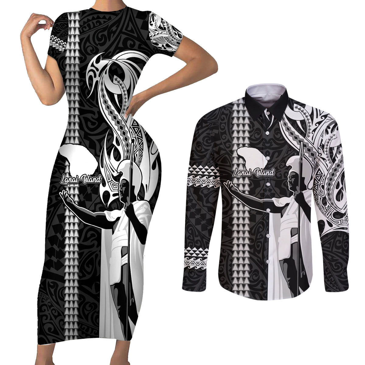 Custom Hawaii Lanai Island Couples Matching Short Sleeve Bodycon Dress and Long Sleeve Button Shirts Hawaiian King and Kakau Symbols Abstract Shoulder Tattoo LT03 Black - Polynesian Pride