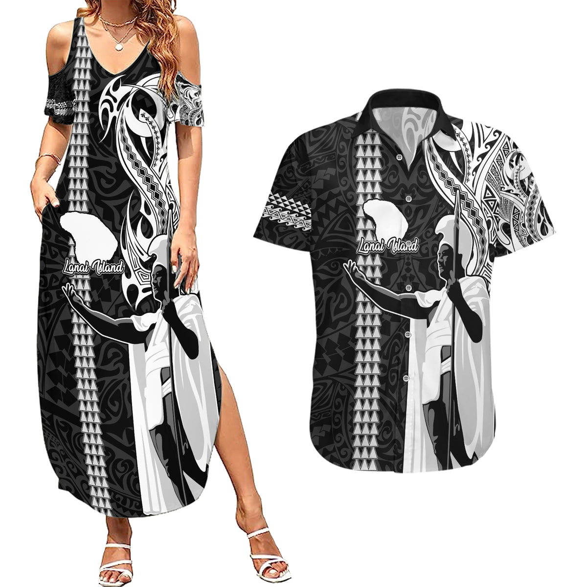 Custom Hawaii Lanai Island Couples Matching Summer Maxi Dress and Hawaiian Shirt Hawaiian King and Kakau Symbols Abstract Shoulder Tattoo LT03 Black - Polynesian Pride