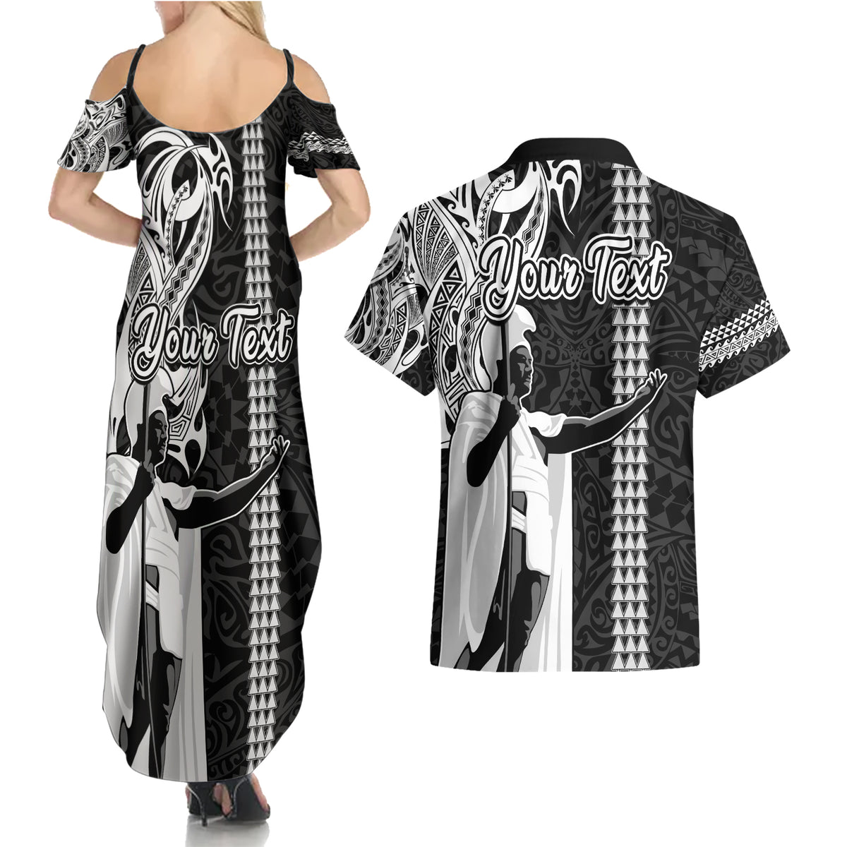 Custom Hawaii Lanai Island Couples Matching Summer Maxi Dress and Hawaiian Shirt Hawaiian King and Kakau Symbols Abstract Shoulder Tattoo LT03 - Polynesian Pride