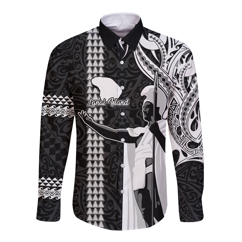 Custom Hawaii Lanai Island Long Sleeve Button Shirt Hawaiian King and Kakau Symbols Abstract Shoulder Tattoo LT03 Unisex Black - Polynesian Pride