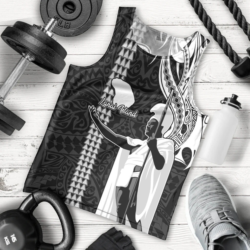 Custom Hawaii Lanai Island Men Tank Top Hawaiian King and Kakau Symbols Abstract Shoulder Tattoo LT03 Black - Polynesian Pride