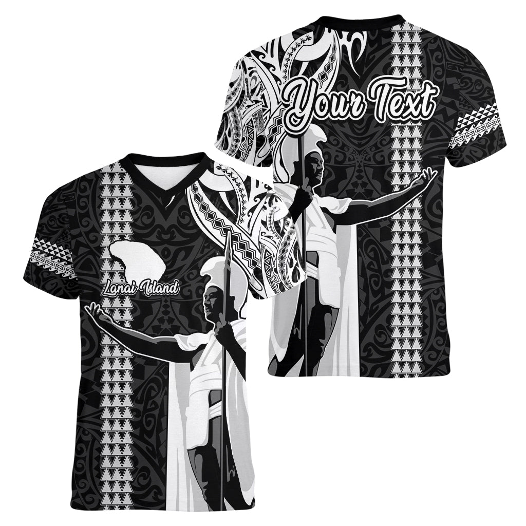 Custom Hawaii Lanai Island Women V Neck T Shirt Hawaiian King and Kakau Symbols Abstract Shoulder Tattoo LT03 - Polynesian Pride