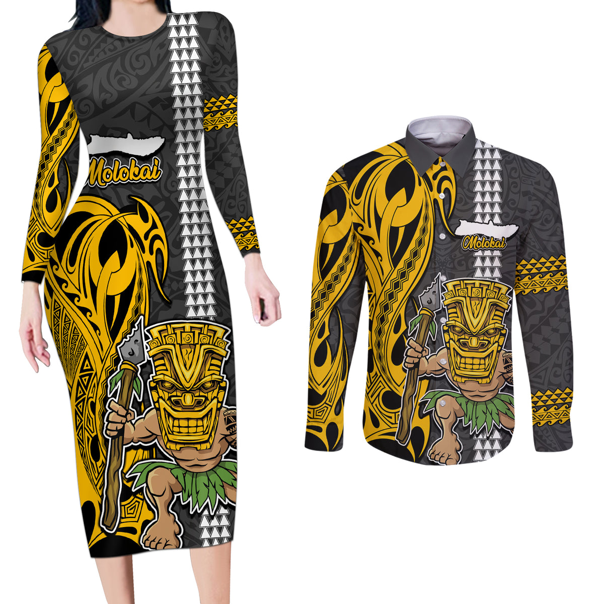 Hawaii Molokai Island Couples Matching Long Sleeve Bodycon Dress and Long Sleeve Button Shirts Hawaiian Warrior and Kakau Symbols Abstract Tattoo LT03 Yellow - Polynesian Pride
