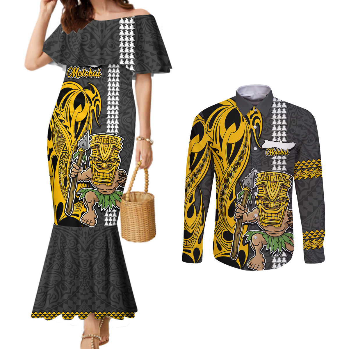 Hawaii Molokai Island Couples Matching Mermaid Dress and Long Sleeve Button Shirts Hawaiian Warrior and Kakau Symbols Abstract Tattoo LT03 Yellow - Polynesian Pride