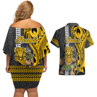 Hawaii Molokai Island Couples Matching Off Shoulder Short Dress and Hawaiian Shirt Hawaiian Warrior and Kakau Symbols Abstract Tattoo LT03 - Polynesian Pride