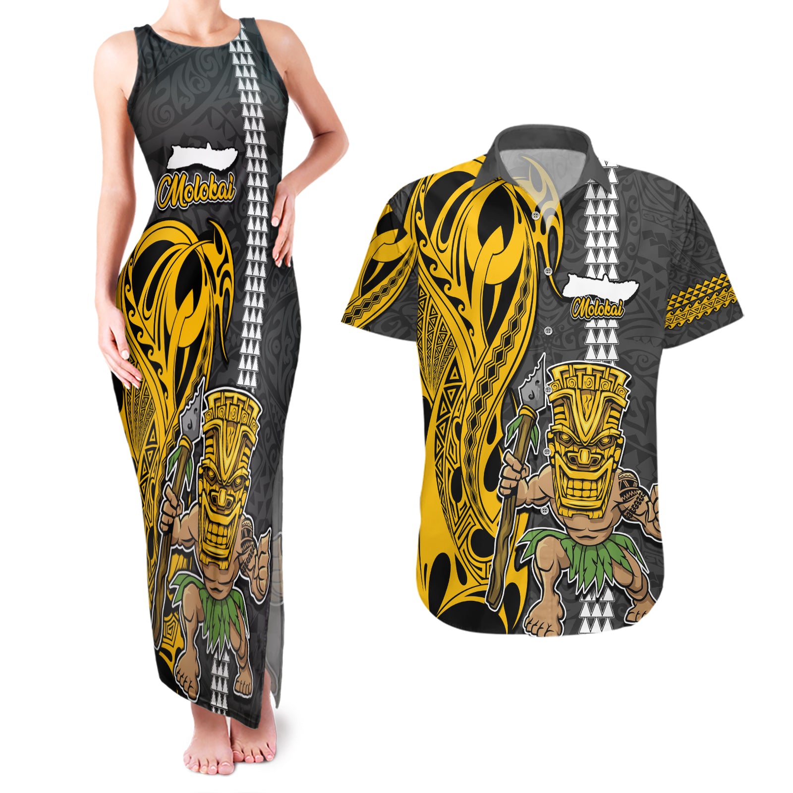 Hawaii Molokai Island Couples Matching Tank Maxi Dress and Hawaiian Shirt Hawaiian Warrior and Kakau Symbols Abstract Tattoo LT03 Yellow - Polynesian Pride
