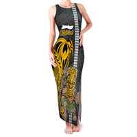 Hawaii Molokai Island Family Matching Tank Maxi Dress and Hawaiian Shirt Hawaiian Warrior and Kakau Symbols Abstract Tattoo LT03 Mom's Dress Yellow - Polynesian Pride