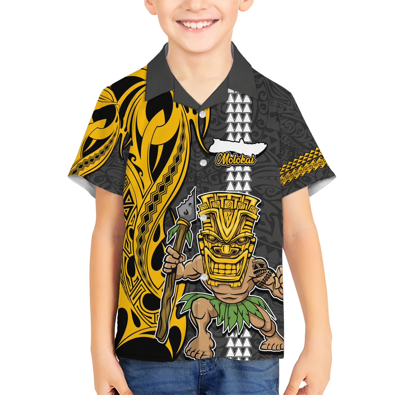 Hawaii Molokai Island Kid Hawaiian Shirt Hawaiian Warrior and Kakau Symbols Abstract Tattoo LT03 Kid Yellow - Polynesian Pride