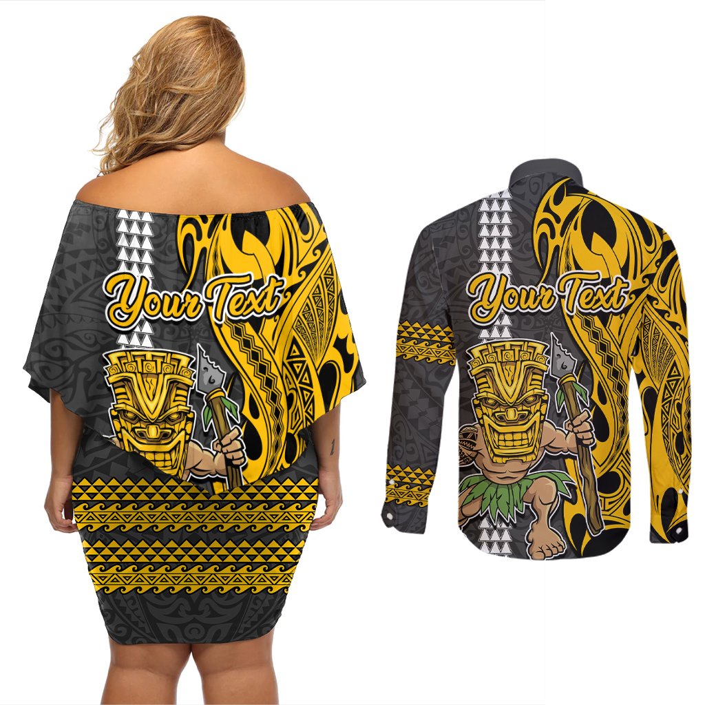 Custom Hawaii Molokai Island Couples Matching Off Shoulder Short Dress and Long Sleeve Button Shirts Hawaiian Warrior and Kakau Symbols Abstract Tattoo LT03 - Polynesian Pride
