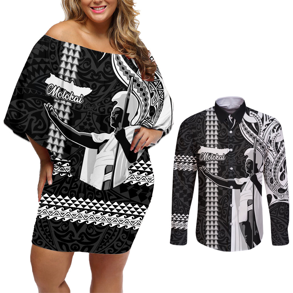Hawaii Molokai Island Couples Matching Off Shoulder Short Dress and Long Sleeve Button Shirts Hawaiian King and Kakau Symbols Abstract Shoulder Tattoo LT03 Black - Polynesian Pride