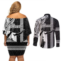 Hawaii Molokai Island Couples Matching Off Shoulder Short Dress and Long Sleeve Button Shirts Hawaiian King and Kakau Symbols Abstract Shoulder Tattoo LT03 - Polynesian Pride