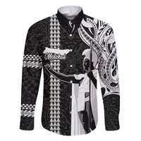 Hawaii Molokai Island Family Matching Long Sleeve Bodycon Dress and Hawaiian Shirt Hawaiian King and Kakau Symbols Abstract Shoulder Tattoo LT03 Dad's Shirt - Long Sleeve Black - Polynesian Pride